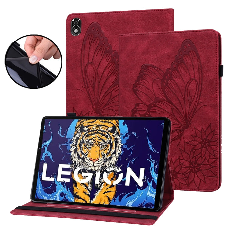 Red embossed butterfly leather tablet case with stand, tablet shows tiger graphic