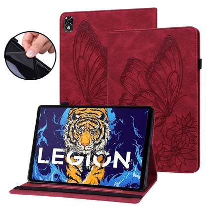 Red embossed butterfly leather tablet case with stand, tablet shows tiger graphic