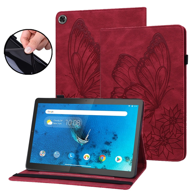 Red embossed butterfly leather folio tablet case with stand, tablet shows blue home screen