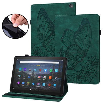 Green smart leather tablet case with embossed butterfly pattern, open stand and touchscreen tablet