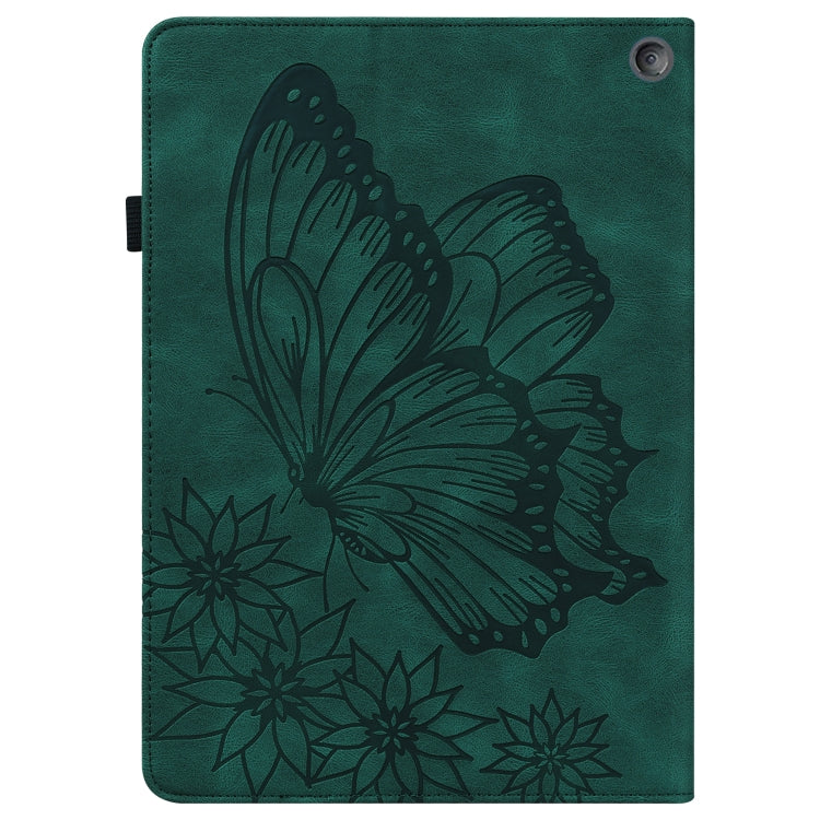 Green folio tablet case with large embossed butterfly and flower design, front view