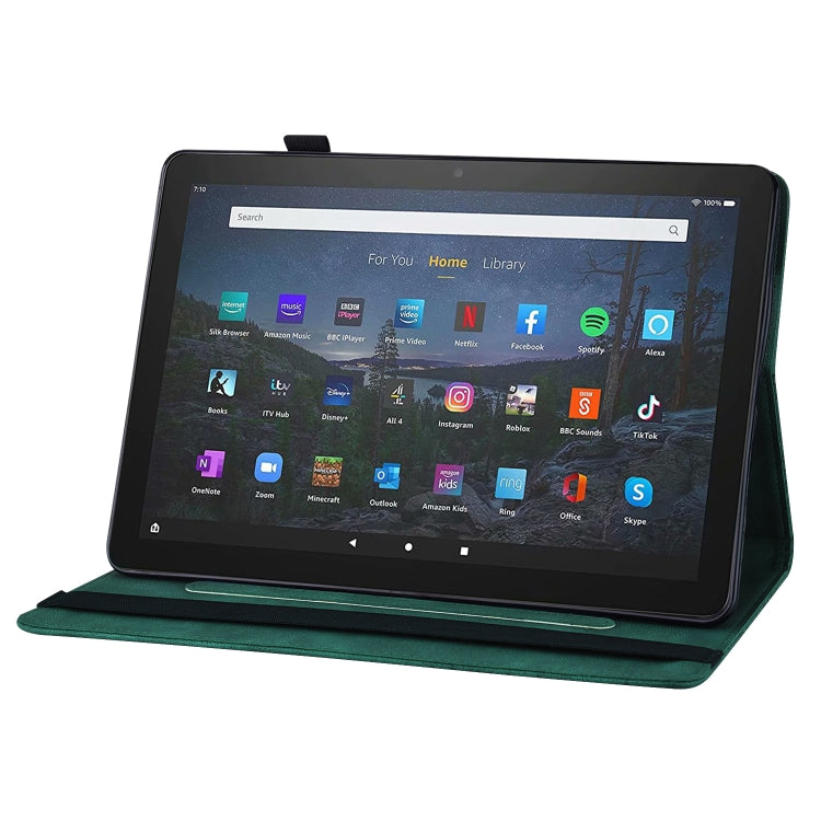 Green smart leather tablet case with embossed butterfly, tablet propped in viewing stand
