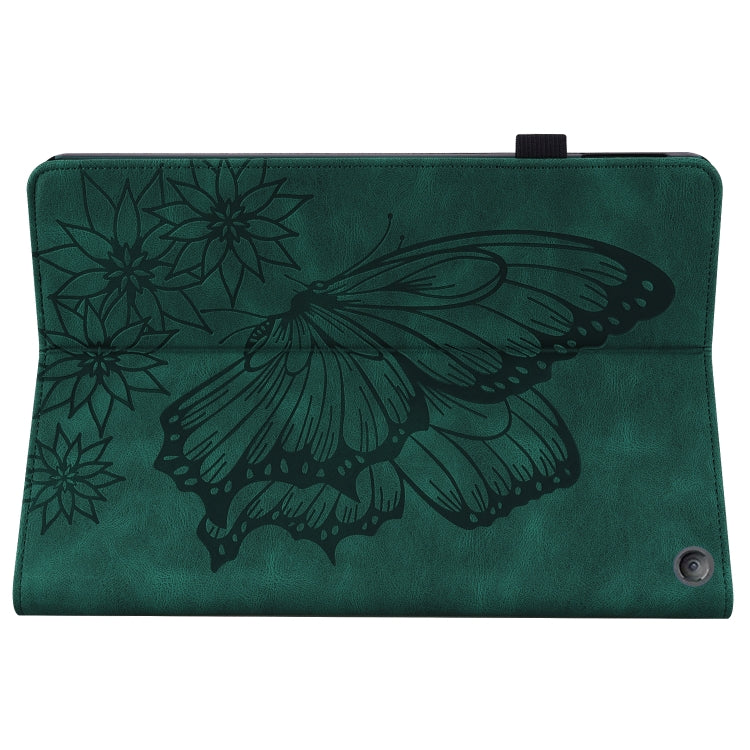 Green folio tablet case with embossed butterfly and flowers, back cover close-up