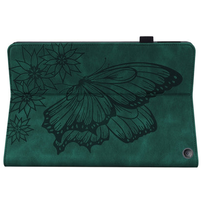 Green folio tablet case with embossed butterfly and flowers, back cover close-up