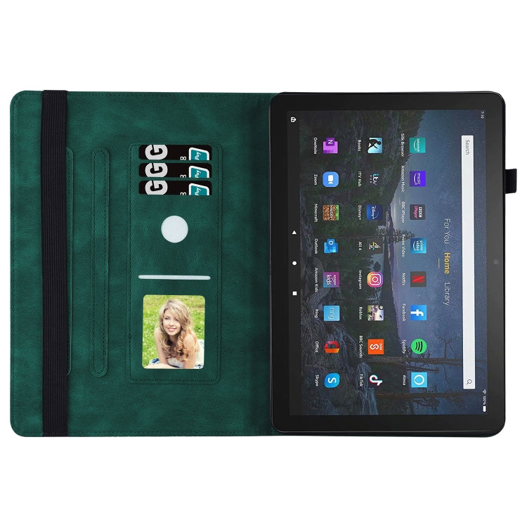 Green folio tablet case open with interior card slot and tablet screen display
