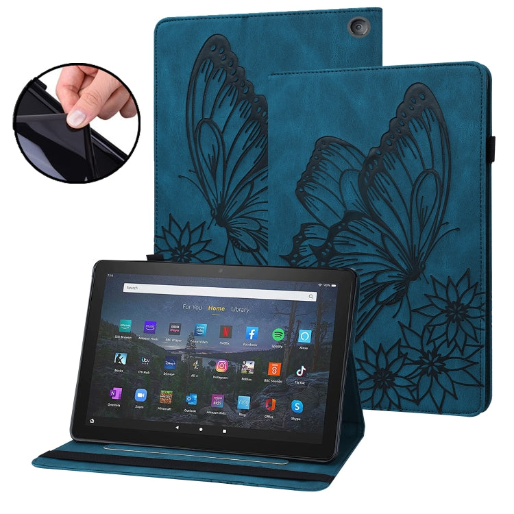 Blue embossed butterfly smart tablet case with kickstand, tablet displaying app icons.