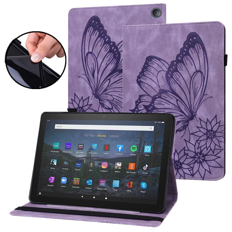 Purple embossed butterfly smart tablet case with stand, tablet displaying app icons.