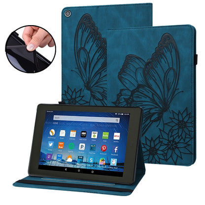 Blue embossed butterfly smart tablet case with kickstand, tablet screen visible.