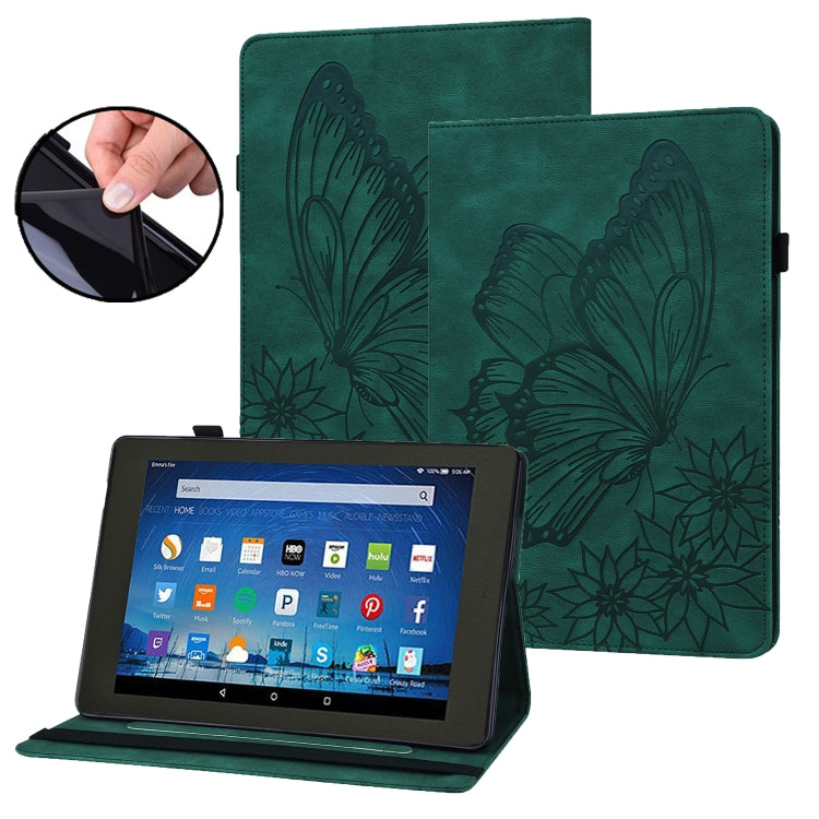 Green smart leather tablet case with embossed butterfly design, tablet propped for viewing
