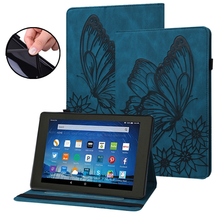 Blue embossed butterfly smart tablet case with kickstand and tablet in landscape position.