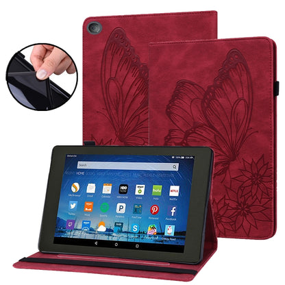 Red embossed butterfly leather tablet folio case with stand, tablet inside