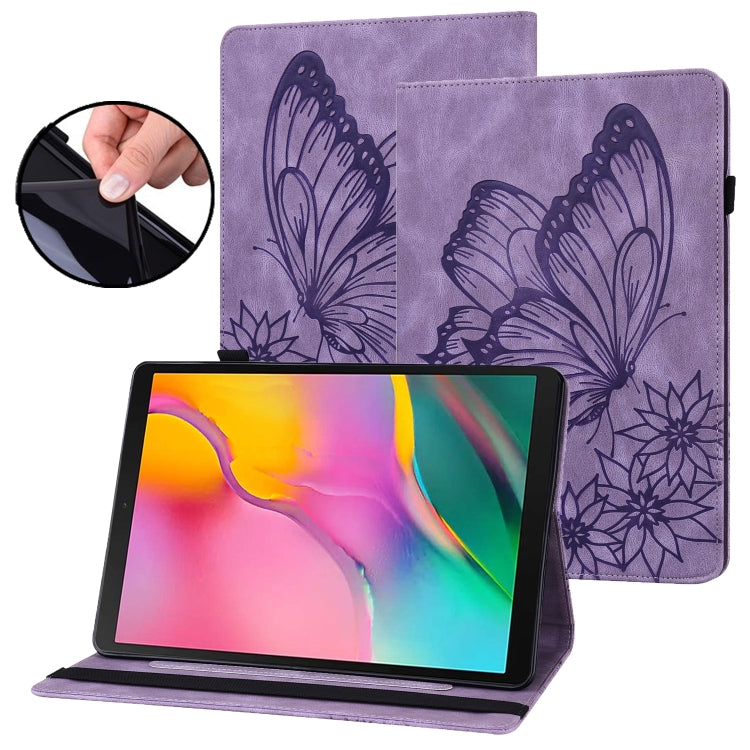 Purple embossed butterfly folio case with stand, showing tablet in viewing position