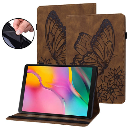 Brown embossed butterfly leather tablet folio case with stand, tablet in use