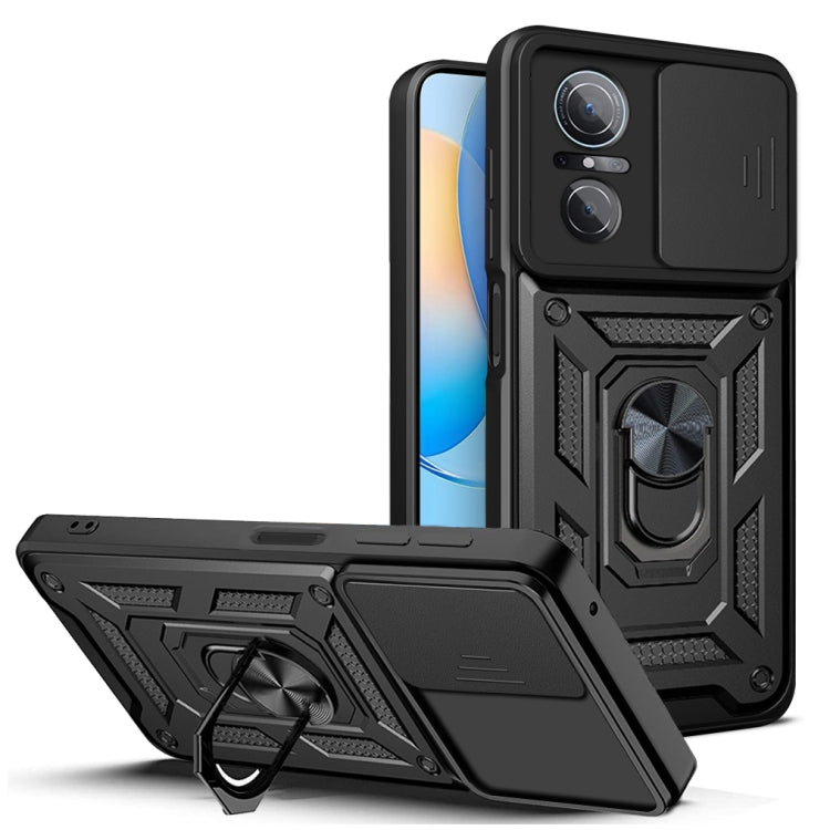 Rugged black phone case with sliding camera cover and textured armor design