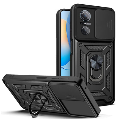Rugged black phone case with sliding camera cover and textured armor design