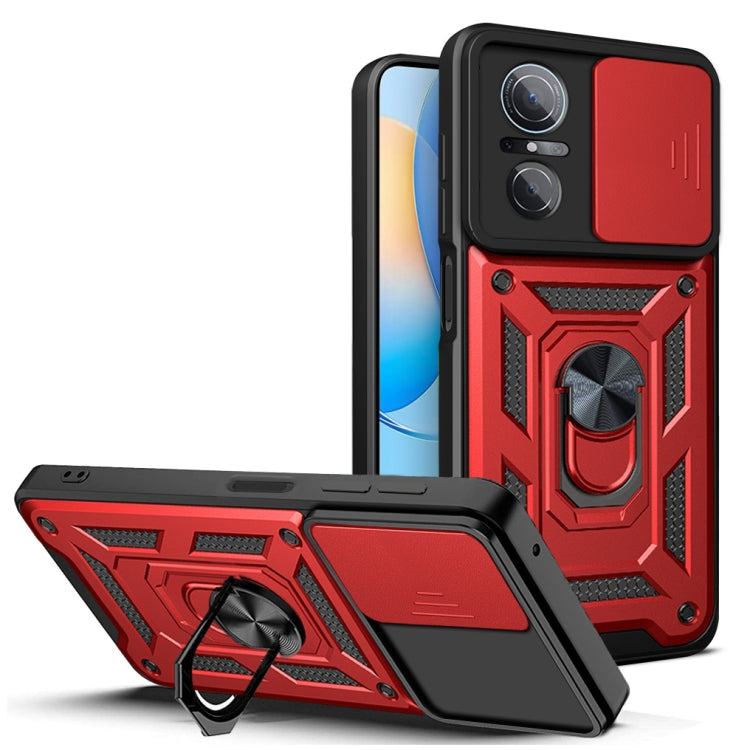 Rugged red and black phone case with sliding camera cover and textured armor design