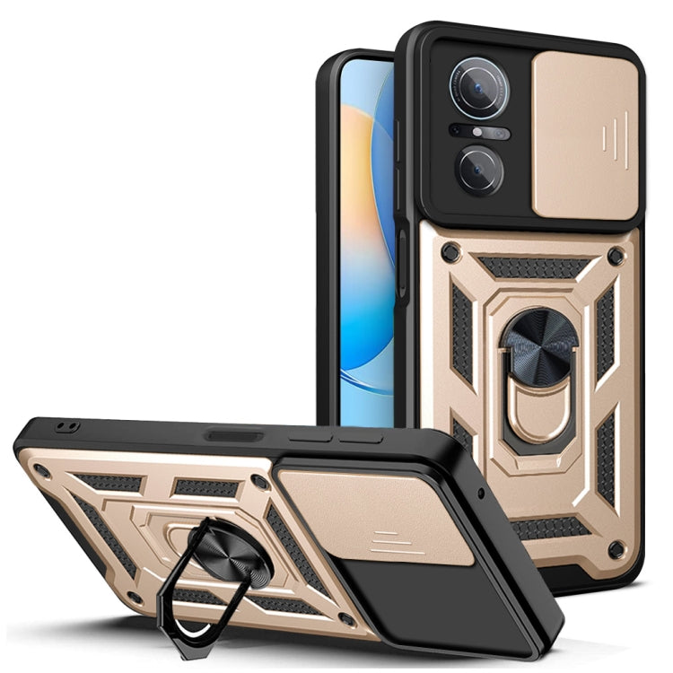 Rugged gold and black phone case with sliding camera cover and textured armor design
