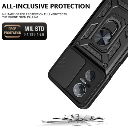 Black TPU and PC phone case with rugged front armor and sliding camera cover