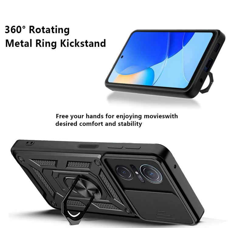 Black phone case with 360° rotating metal ring kickstand and sliding camera cover