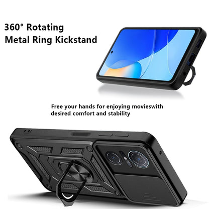 Black phone case with 360° rotating metal ring kickstand and sliding camera cover