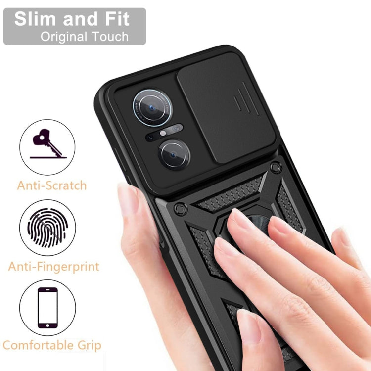 Black rugged phone case with sliding camera cover, raised grips, and metal ring stand