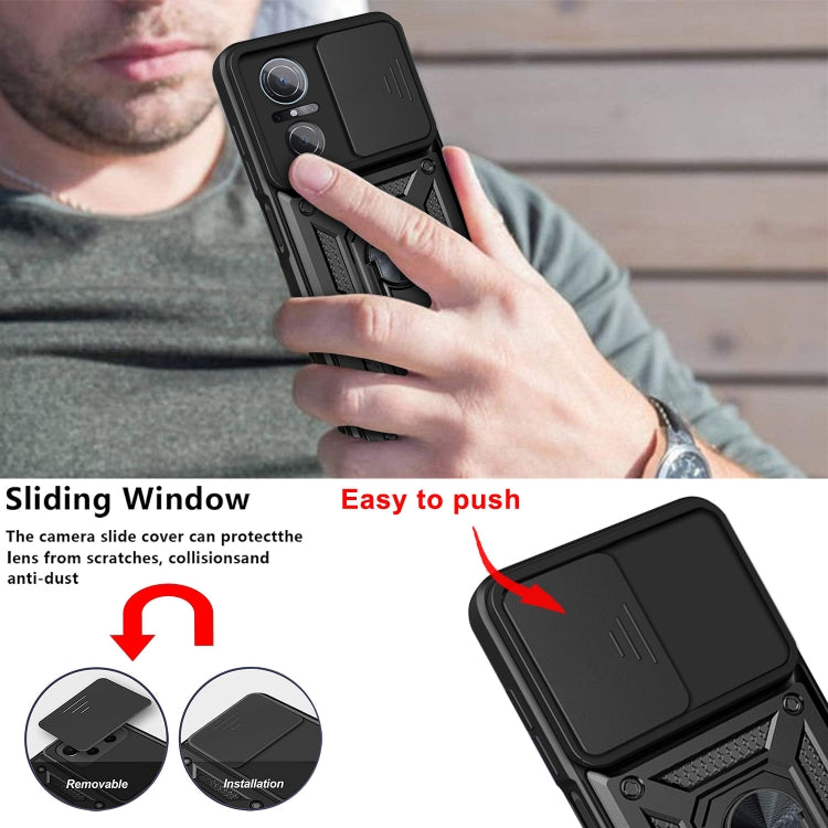 Black phone case with sliding window camera cover and metal ring kickstand