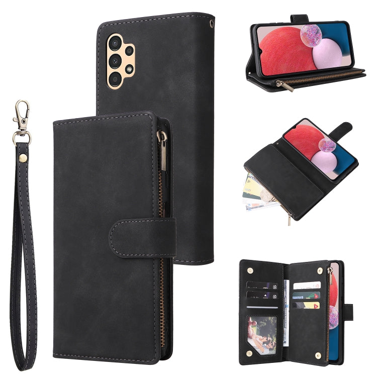 Black leather zipper wallet phone case with frosted screen window, card slots, wrist strap