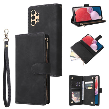 Black leather zipper wallet phone case with frosted screen window, card slots, wrist strap