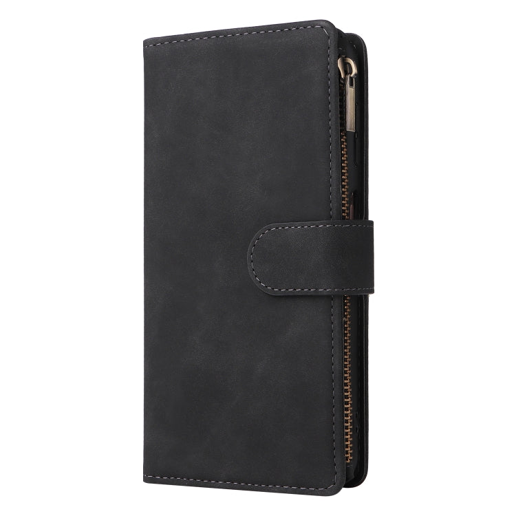 Black leather zipper wallet phone case with front card holder flap and stitched edges