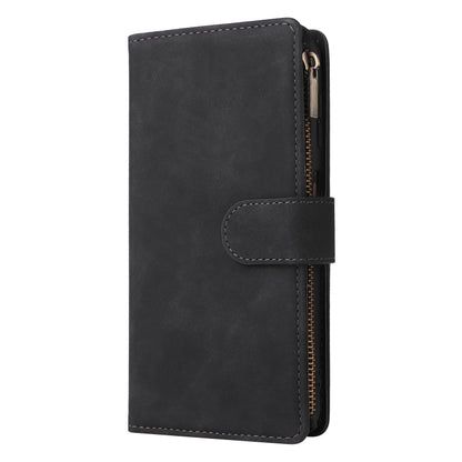 Black leather zipper wallet phone case with front card holder flap and stitched edges