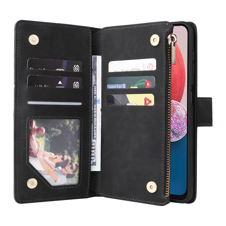Black leather wallet phone case open with card slots and zipper closure
