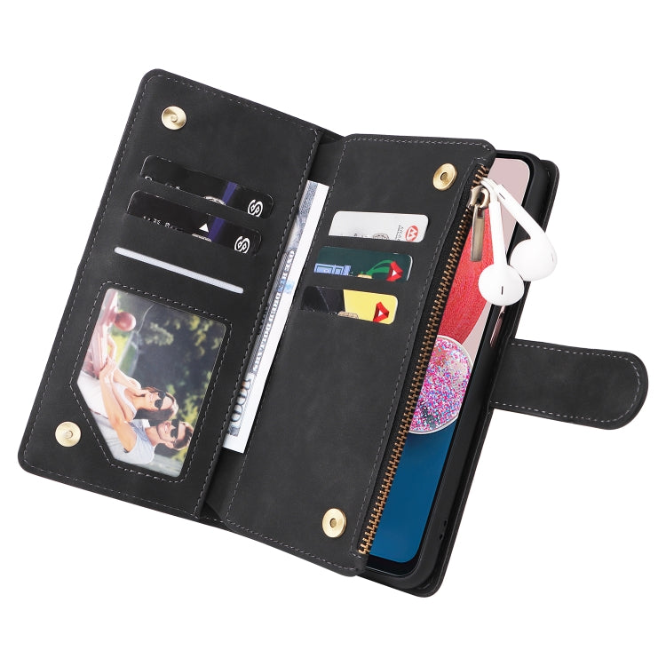 Black leather wallet phone case opened, showing card slots and zipper pouch