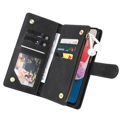 Black leather wallet phone case opened, showing card slots and zipper pouch