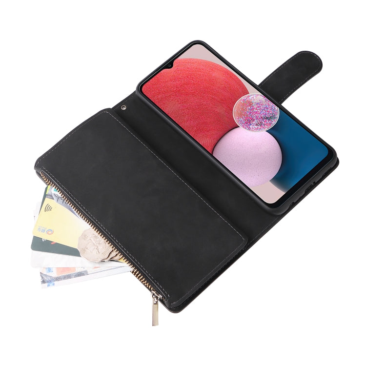 Black leather wallet phone case with open zipper pocket and folio front cover