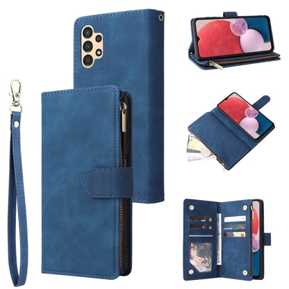 Blue leather phone wallet case with wrist strap, zipper closure, and card slots.