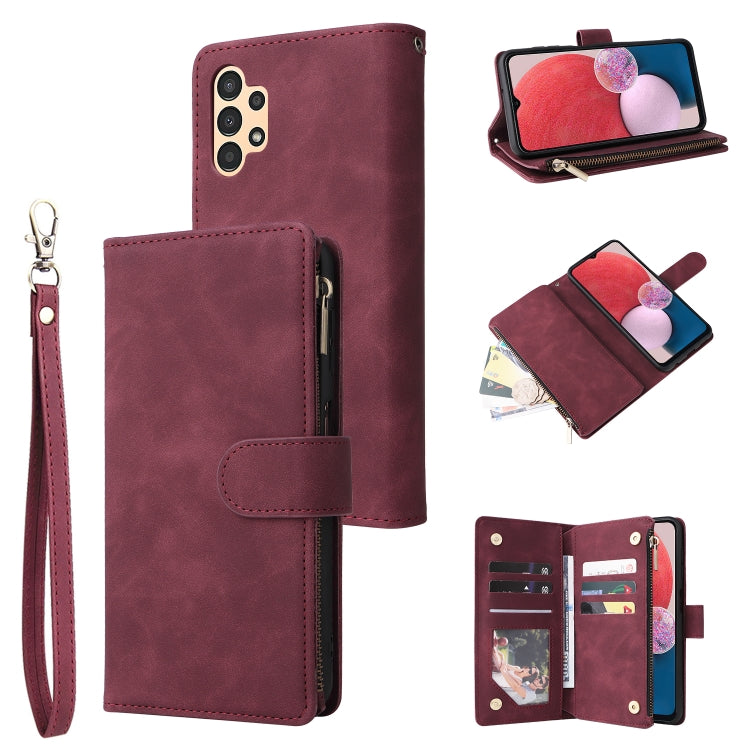Wine red leather phone wallet case with zipper, flip cover, card slots, and wrist strap.