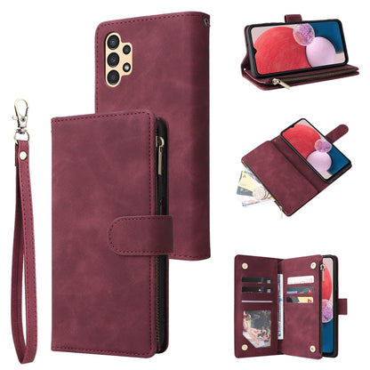 Wine red leather phone wallet case with zipper, flip cover, card slots, and wrist strap.
