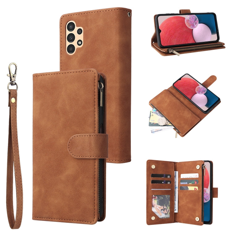 Brown leather phone wallet case with frosted zipper, card slots, and wrist strap.