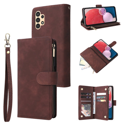 Brown leather wallet phone case with zipper, card slots, and wrist wrist strap.