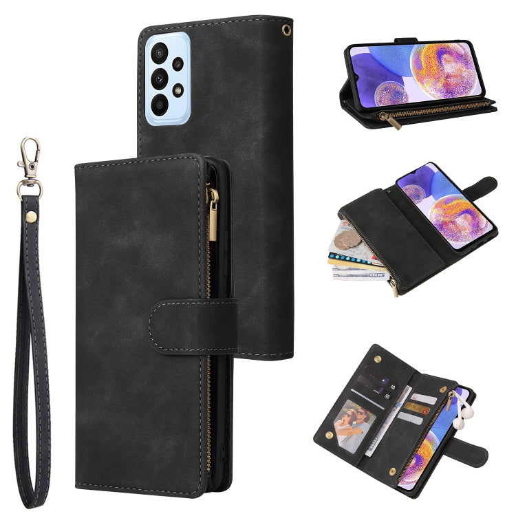 Black leather zipper wallet phone case with frosted screen window, card slots, wrist strap