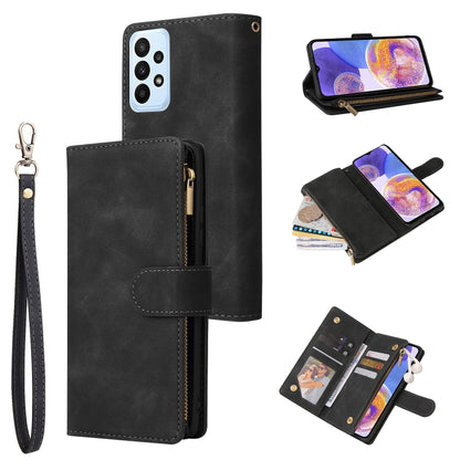 Black leather zipper wallet phone case with frosted screen window, card slots, wrist strap