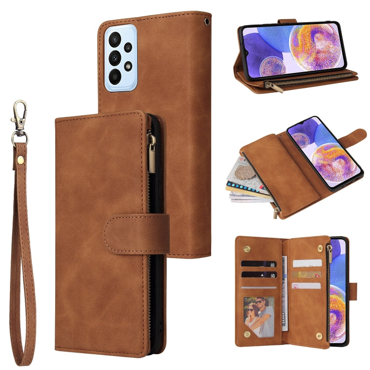 Tan-brown leather phone wallet case with frosted zipper, card slots, and wrist strap.