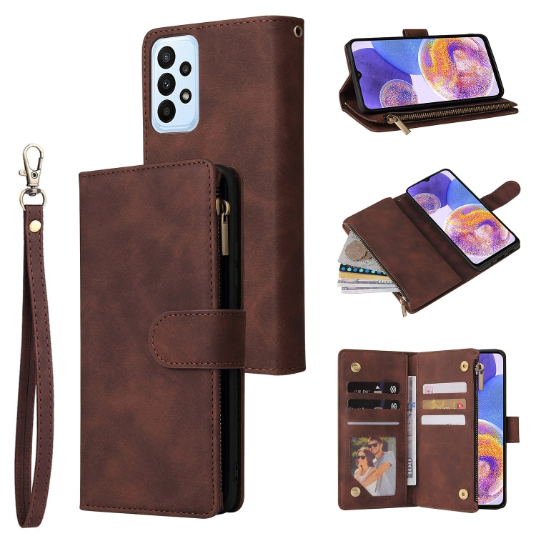 Brown leather zip phone wallet case with folio cover, card slots, and wrist strap.