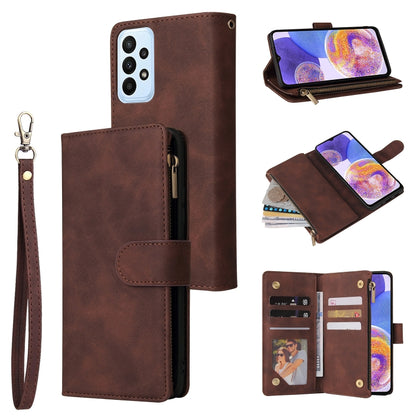 Brown leather zip phone wallet case with folio cover, card slots, and wrist strap.