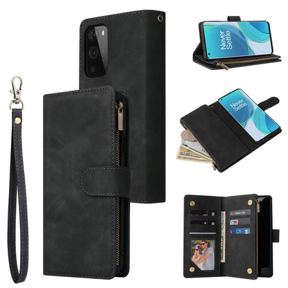 Black leather zipper wallet phone case with wrist lanyard and front card holder flap