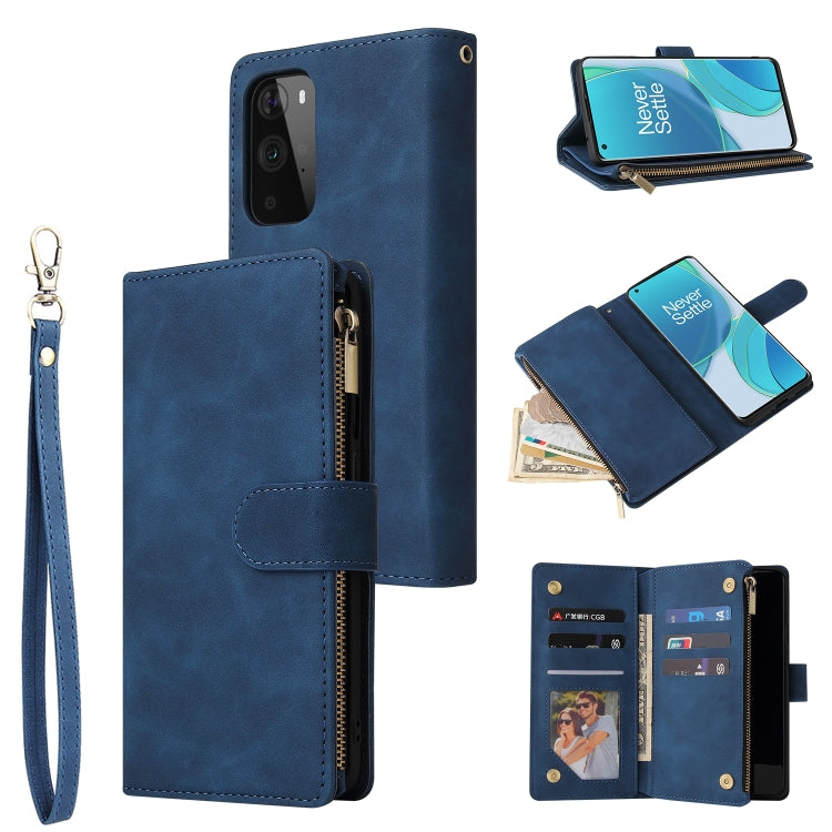 Blue leather phone wallet case with wrist strap, zipper closure, and card slots.