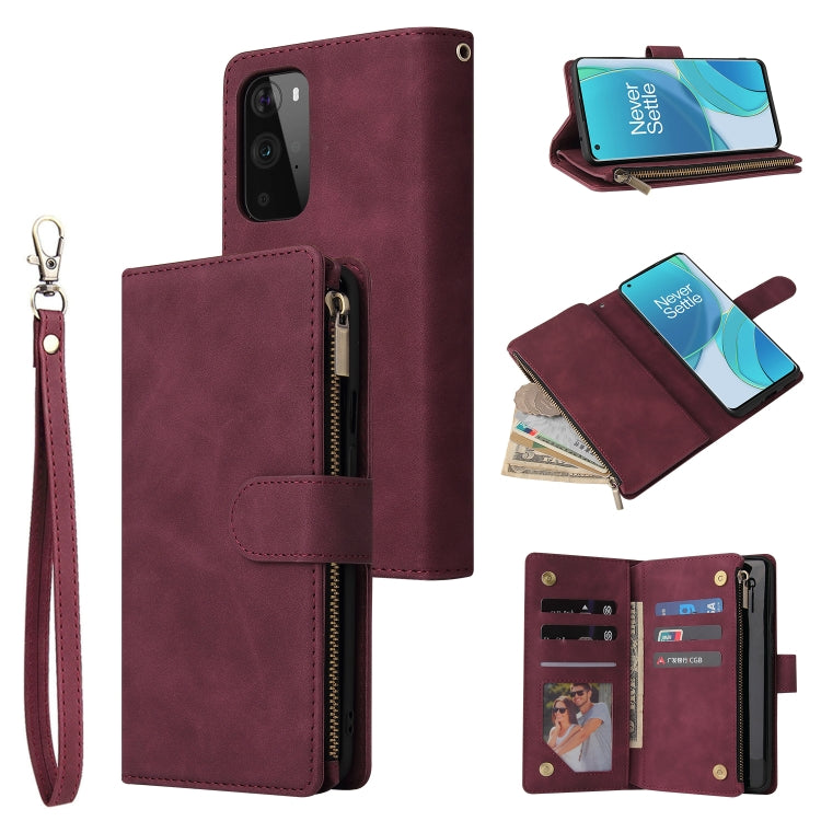 Wine red leather phone wallet case with zipper and open card organizer; wrist strap.