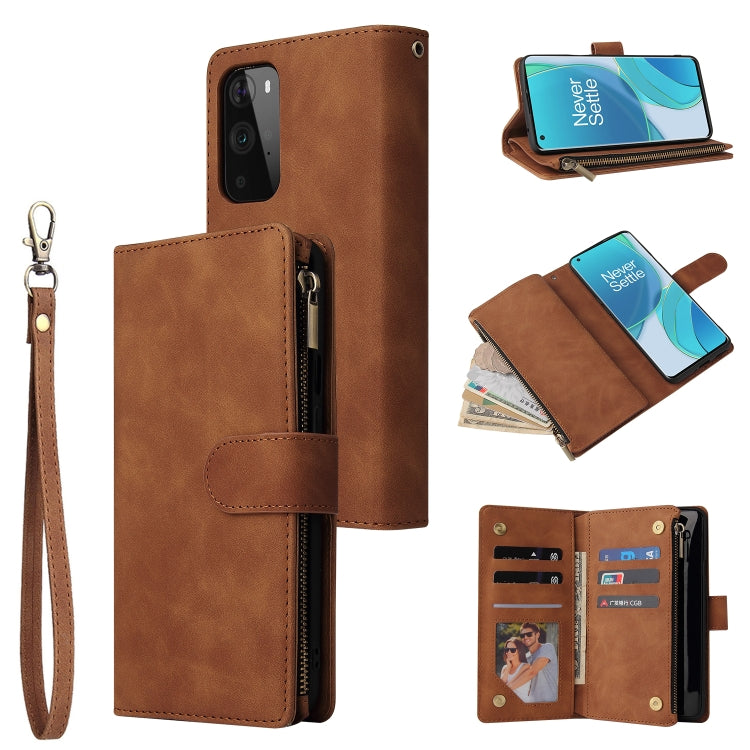 Brown leather phone wallet case with frosted zipper, card slots, and wrist strap.