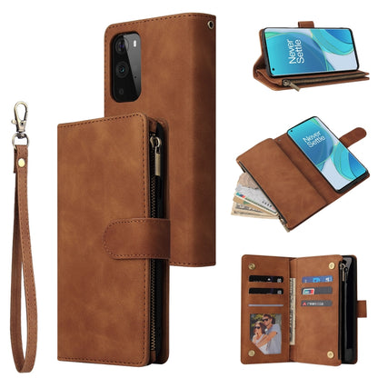 Brown leather phone wallet case with frosted zipper, card slots, and wrist strap.