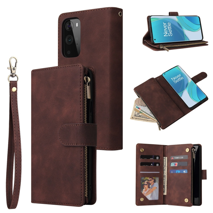 Brown leather phone wallet case with zipper, card slots, and wrist strap.